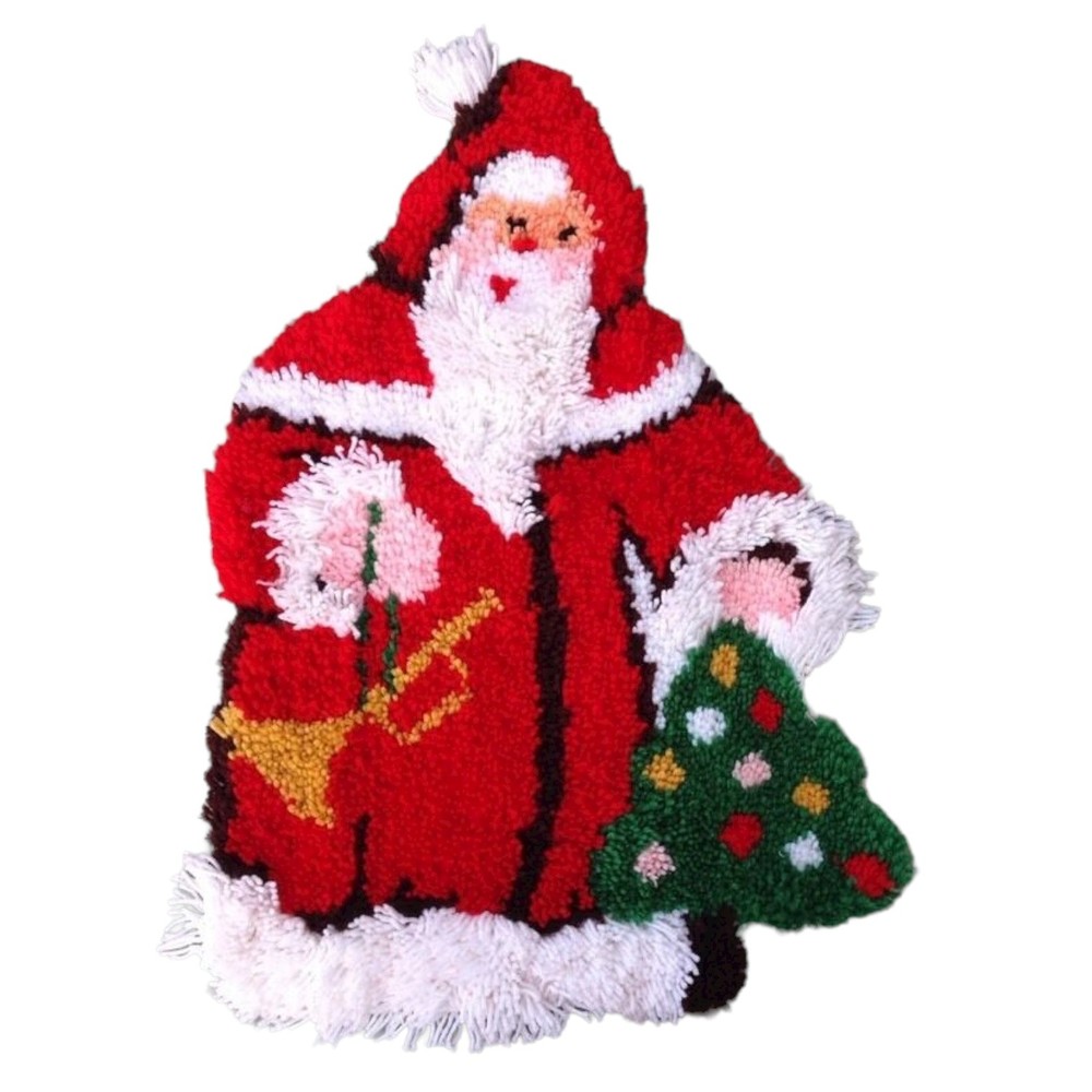 Vintage Santa Claus Christmas Wall Hanging Hook Rug Latch  Completed 28" X 19"